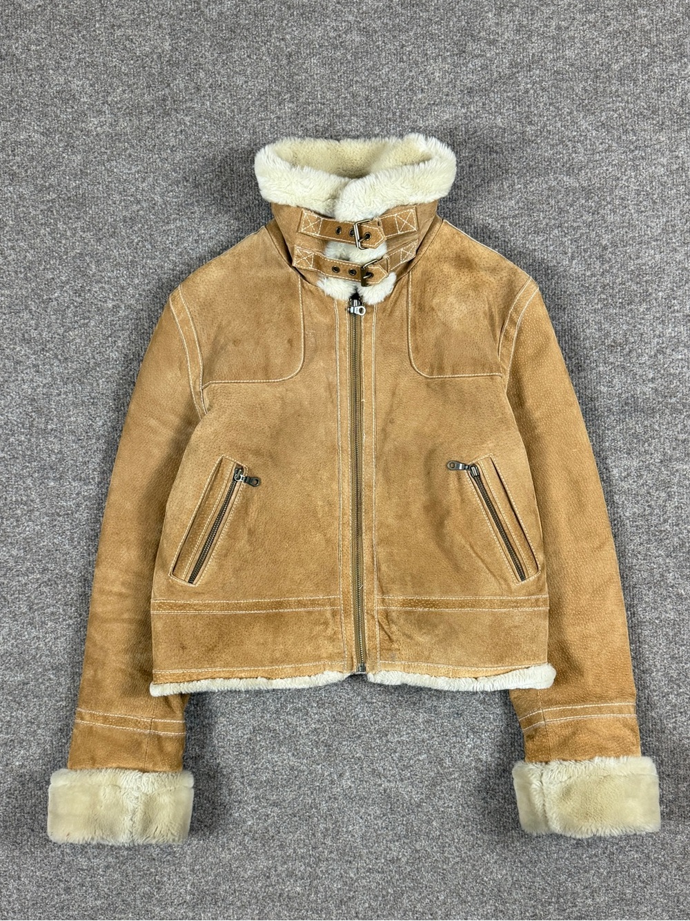 Vintage Wilsons Tan Suede Leather Short Fur Lined Jacket Women’s L Funnel Neck